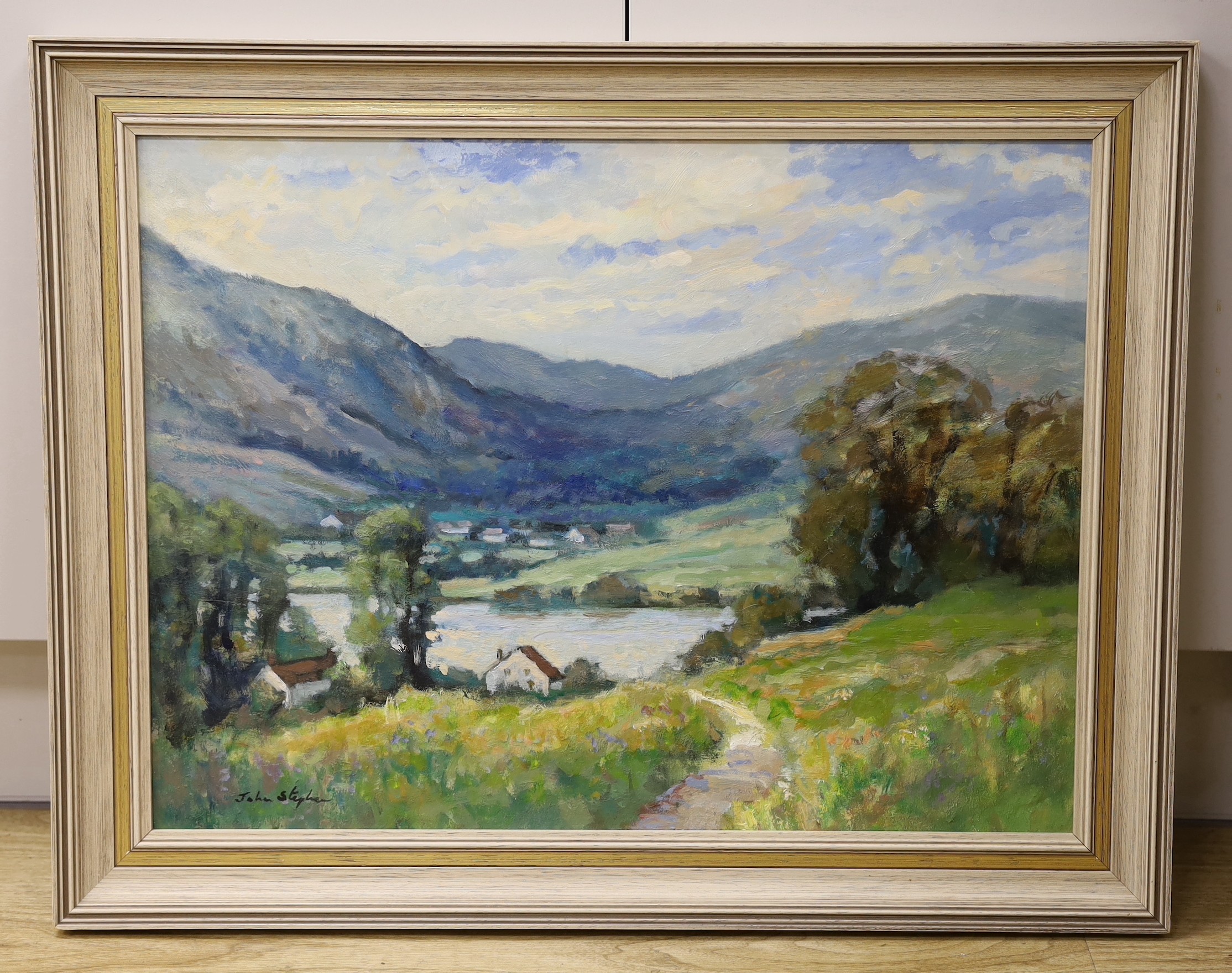 John Stephens, oil on board, Lake Coniston, signed, 44 x 59cm